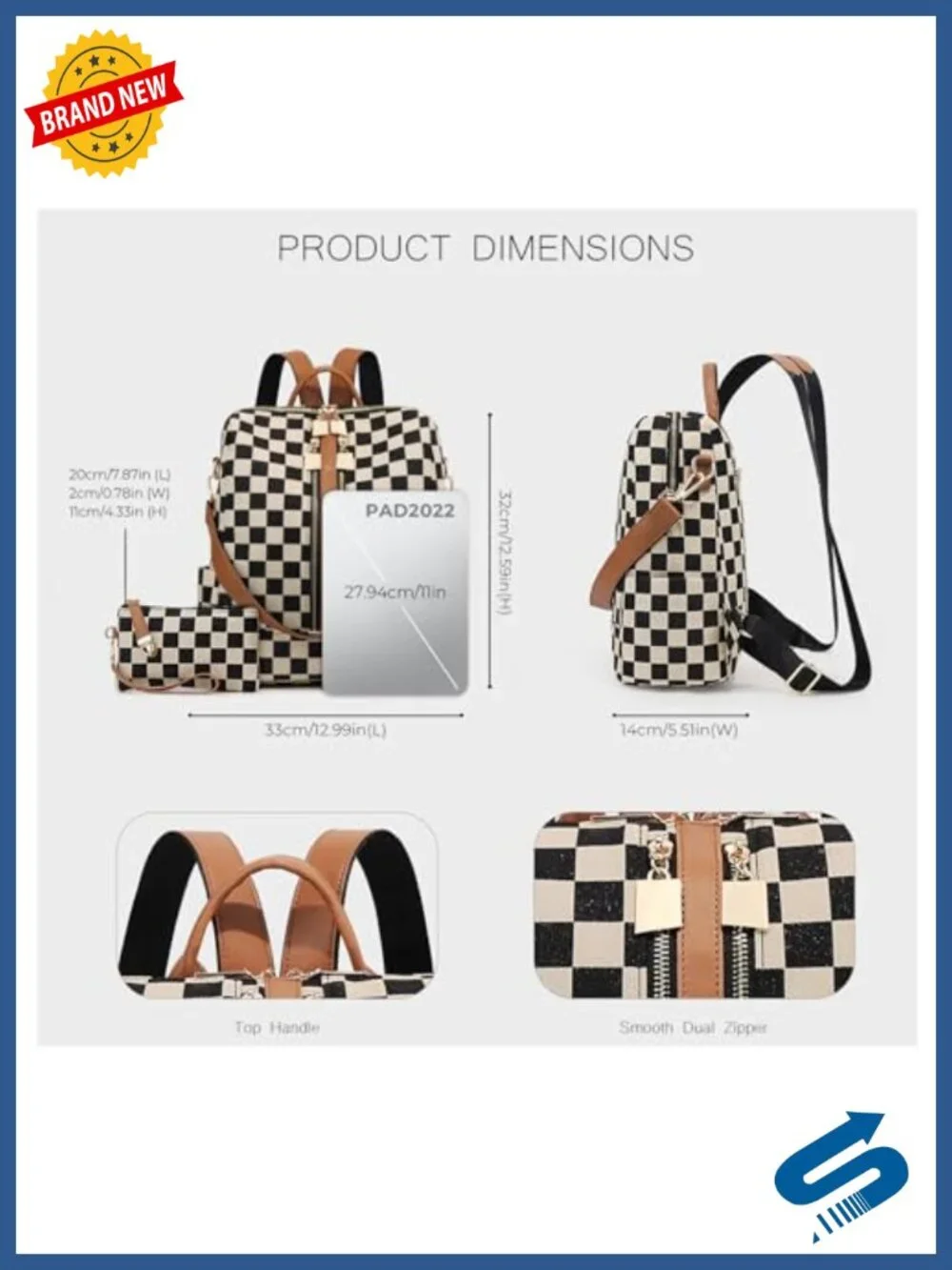 Women's Checkered Leather Backpack with Wallet and Cherry Charm, Multi-Pocket